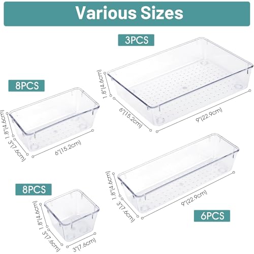 Classic WOWBOX 25 PCS Clear Plastic Drawer Organizer Set, 4 Sizes Set