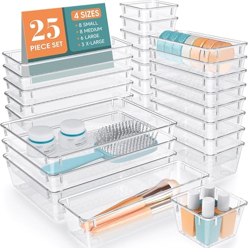 Classic WOWBOX 25 PCS Clear Plastic Drawer Organizer Set, 4 Sizes Set